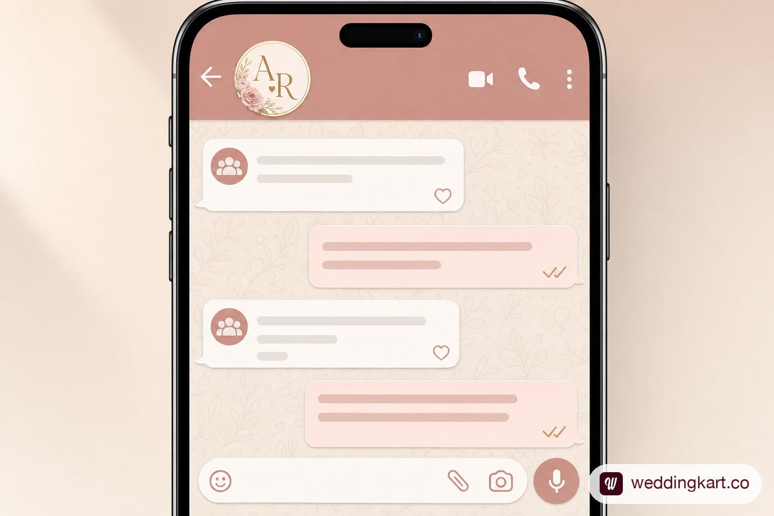 A phone screen showing a well-organised WhatsApp group with a warm couple-themed group name and description