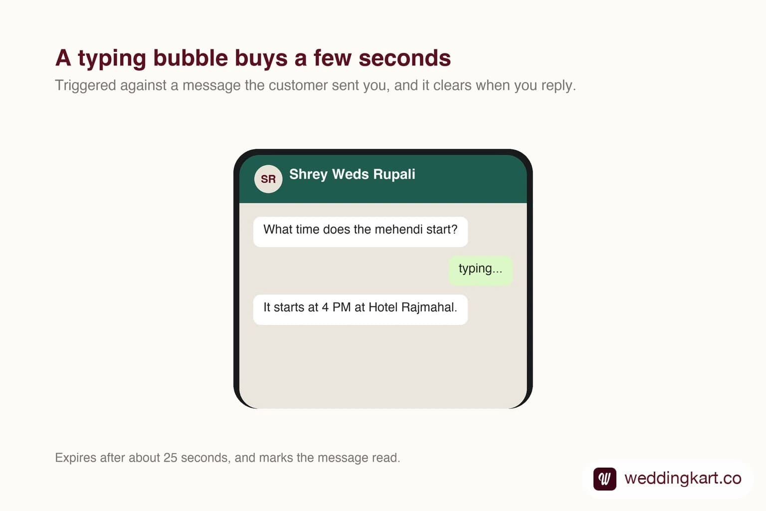 A WhatsApp chat showing a typing indicator from a business account