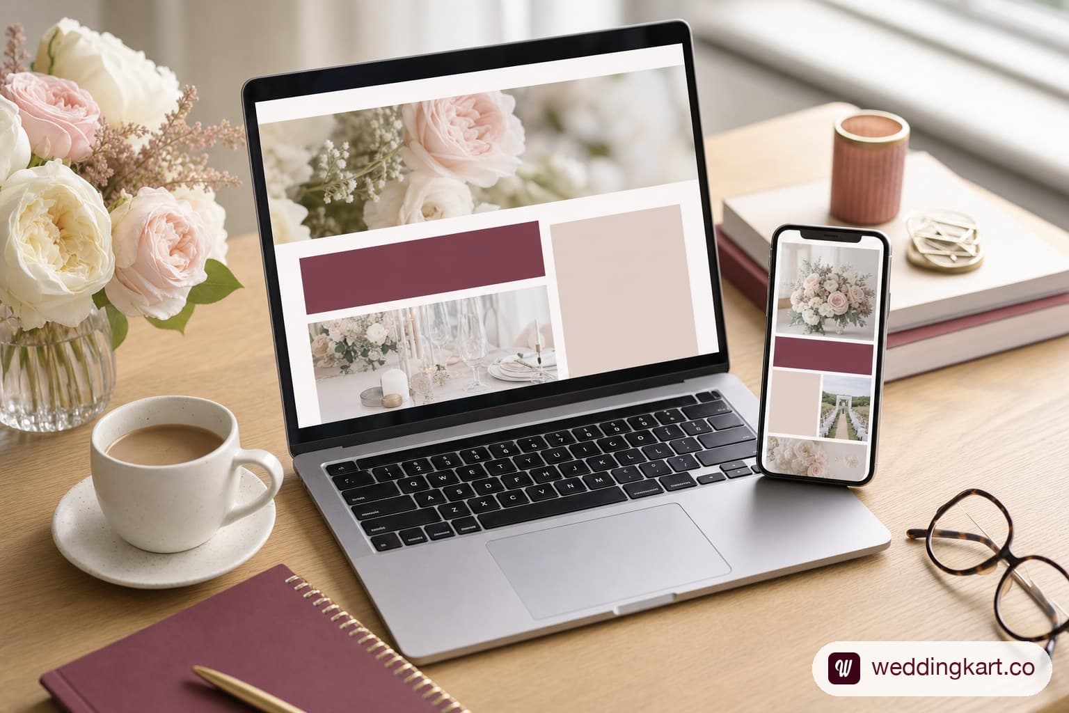 Two wedding website mockups shown side by side on a laptop and phone, representing a Zola and The Knot comparison