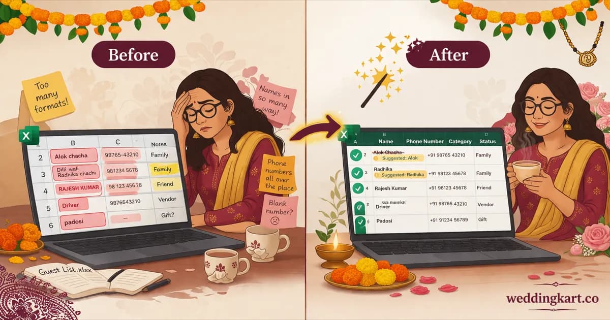 Weddingkart AI Guest Excel Cleaner — messy Indian wedding guest list normalised into a clean Excel sheet