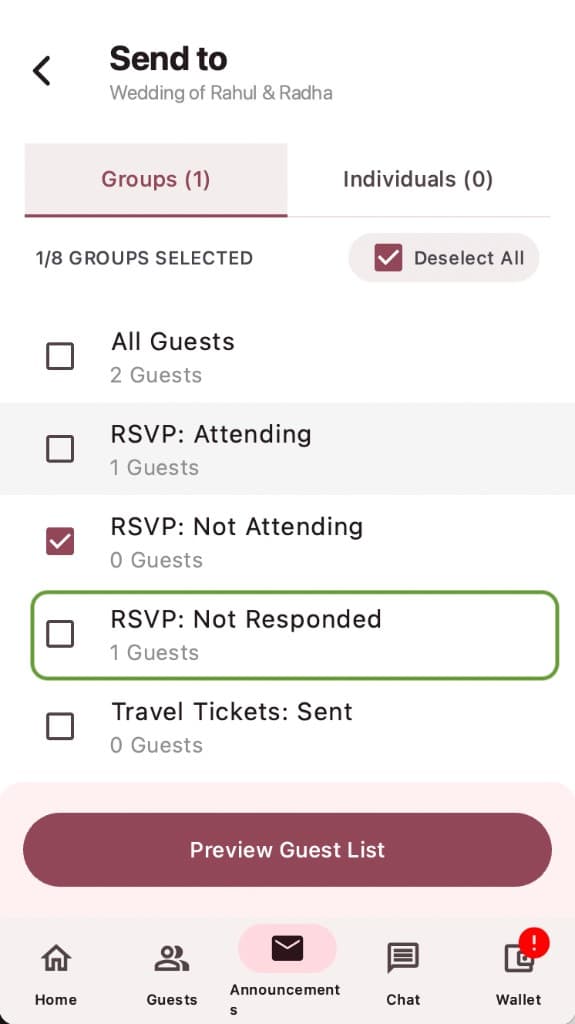 Weddingkart app – Send to RSVP groups