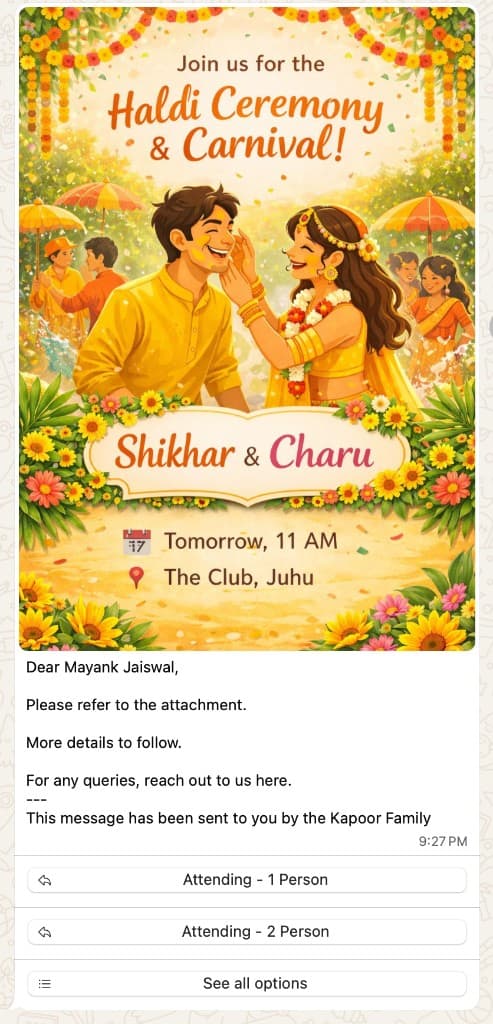 A guest confirming a wedding RSVP with one tap inside a WhatsApp chat