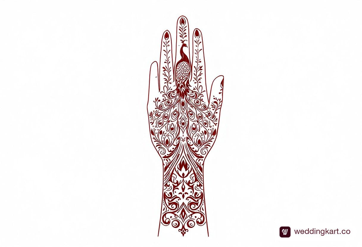 Back hand mehndi design with a peacock motif, tail feathers sweeping toward the wrist