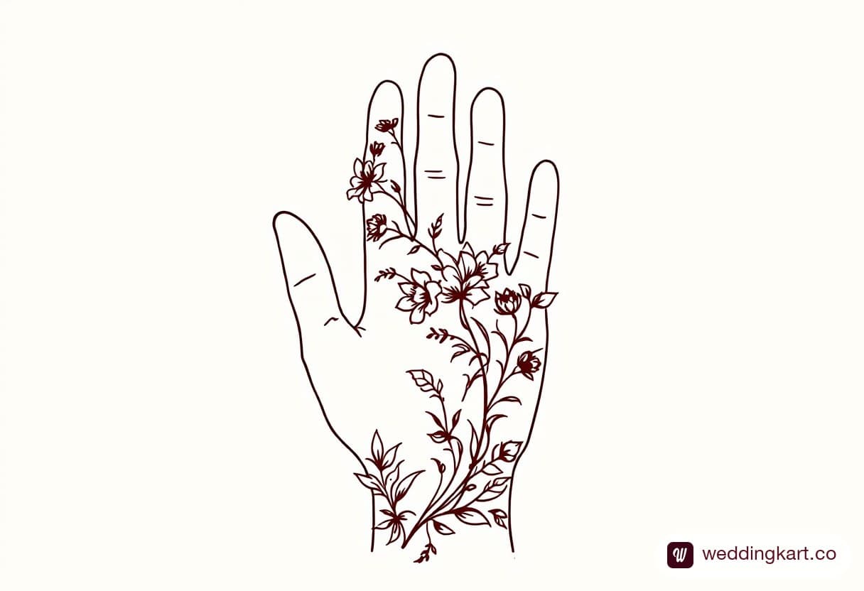 Elegant back hand mehndi design: unbroken floral trail from middle fingertip straight down to the wrist