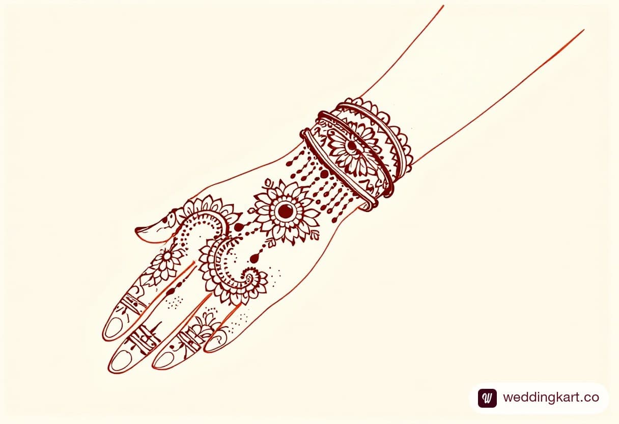 Back hand mehndi design in kada style: two ornate bracelet bands at the wrist with a hanging chain motif