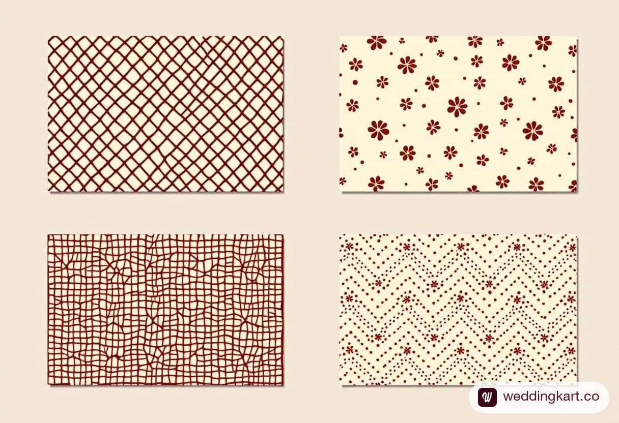 Mehndi jaal pattern sheet: four fine henna net swatches - diamond lattice, dotted net, floral net and chevron net