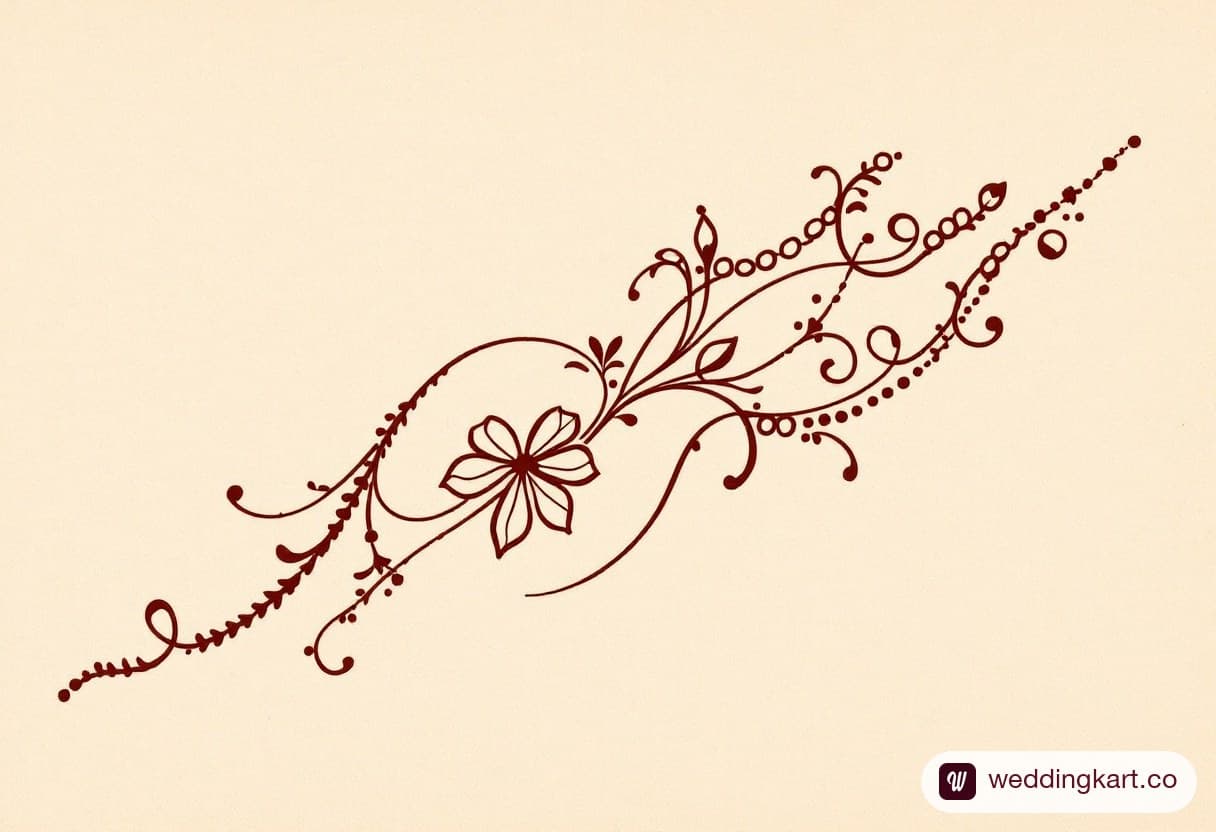 Trending back hand mehndi design: dainty bow motif below the knuckles with thin chains to two fingers