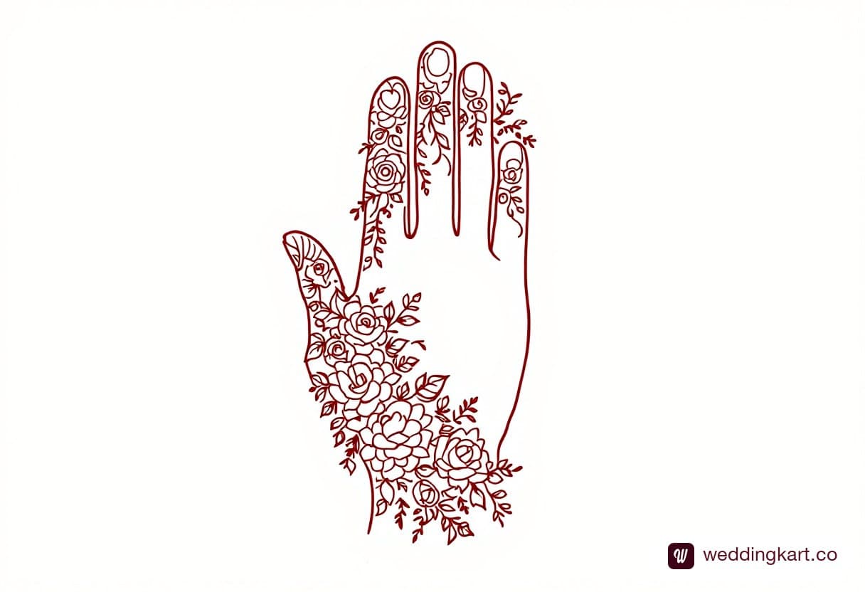 Back hand mehndi design image: dense cluster of roses and leaves at the outer edge of the hand