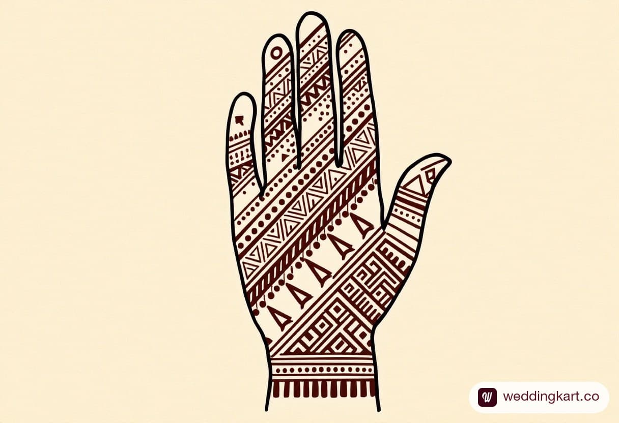 Bold back hand mehndi design: diagonal strip of triangles, chevrons and dots