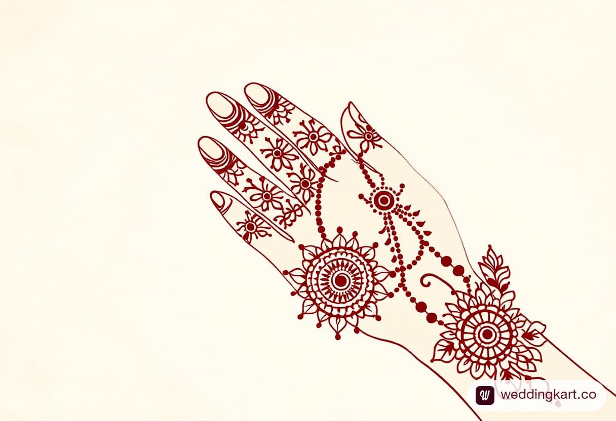 Minimalist back hand mehndi design: fine henna rings on three fingers connected by a chain to a small medallion