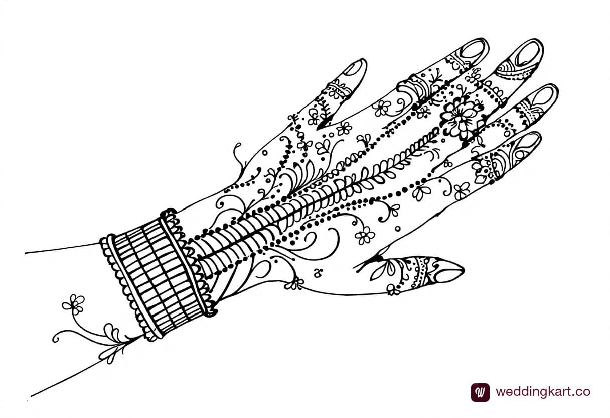 Back hand mehndi design with a bold checkered cuff at the wrist fading into scattered small flowers