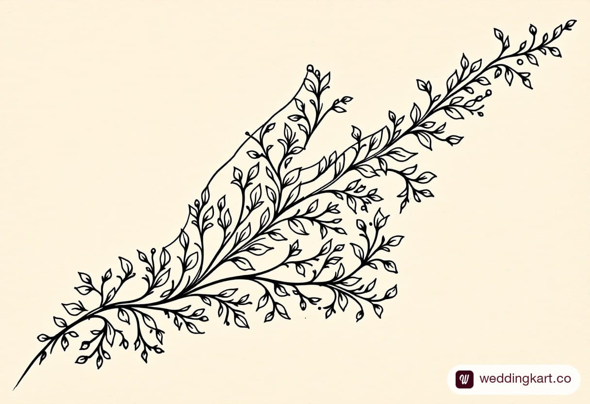 Back hand mehndi design in Arabic style: lush diagonal vine of leaves and buds from little finger to wrist