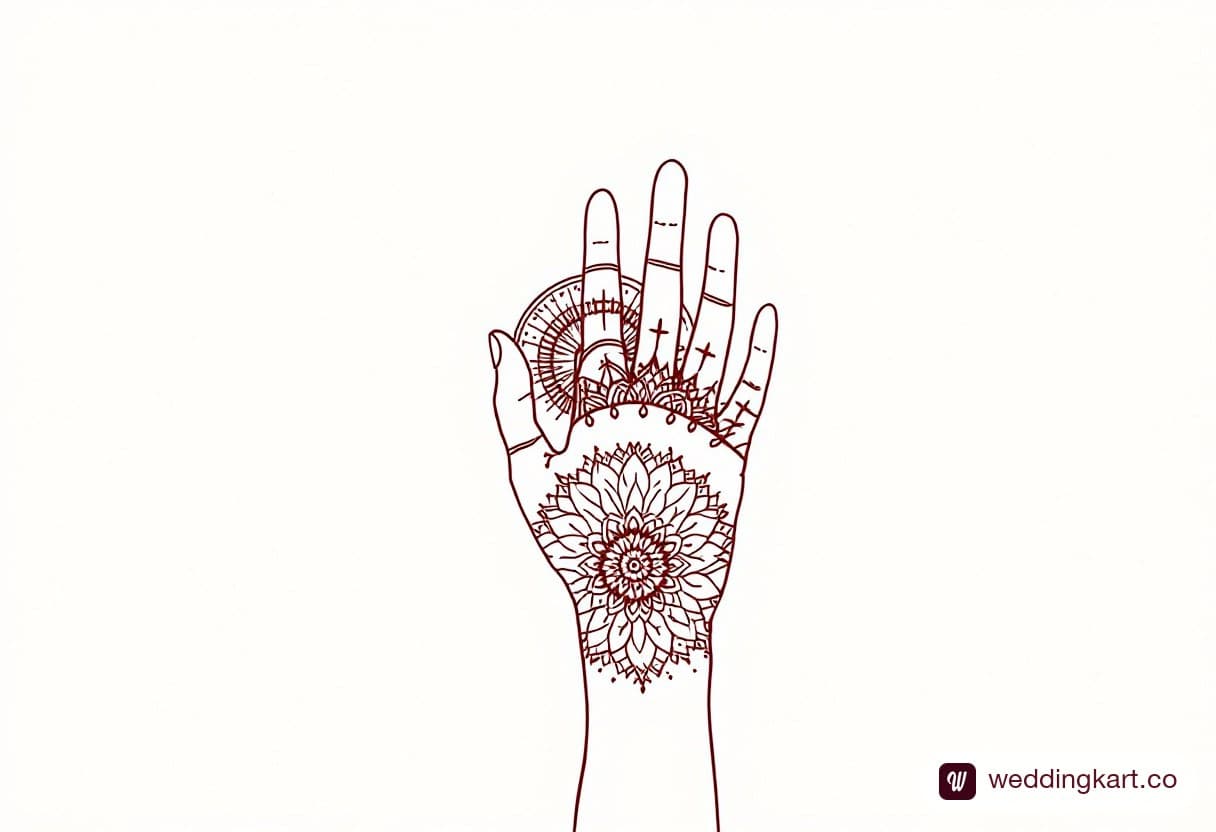 Back hand mehndi design: half mandala fanning out from the wrist upward like a rising sun
