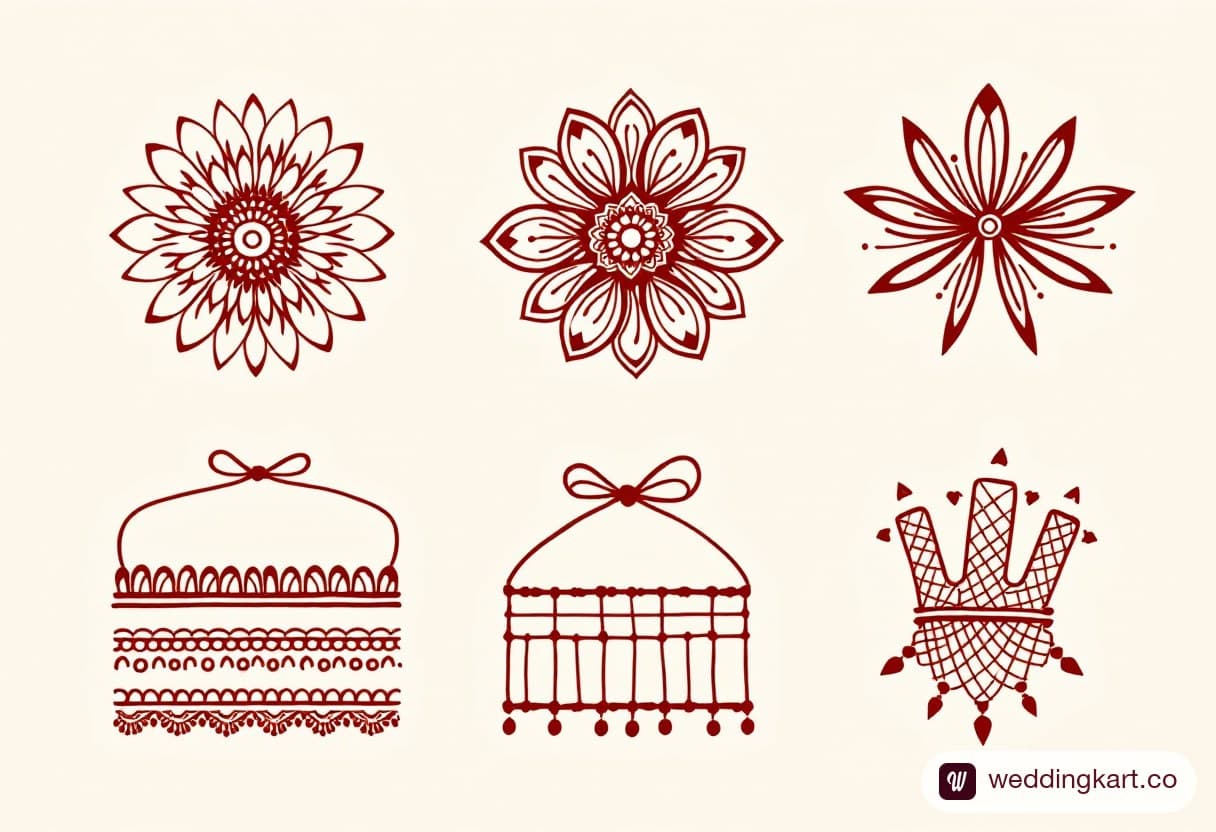 Printable mehndi pattern sheet with six back hand elements: mandala, peacock feather, bow, bracelet band, knuckle net and fingertip cap