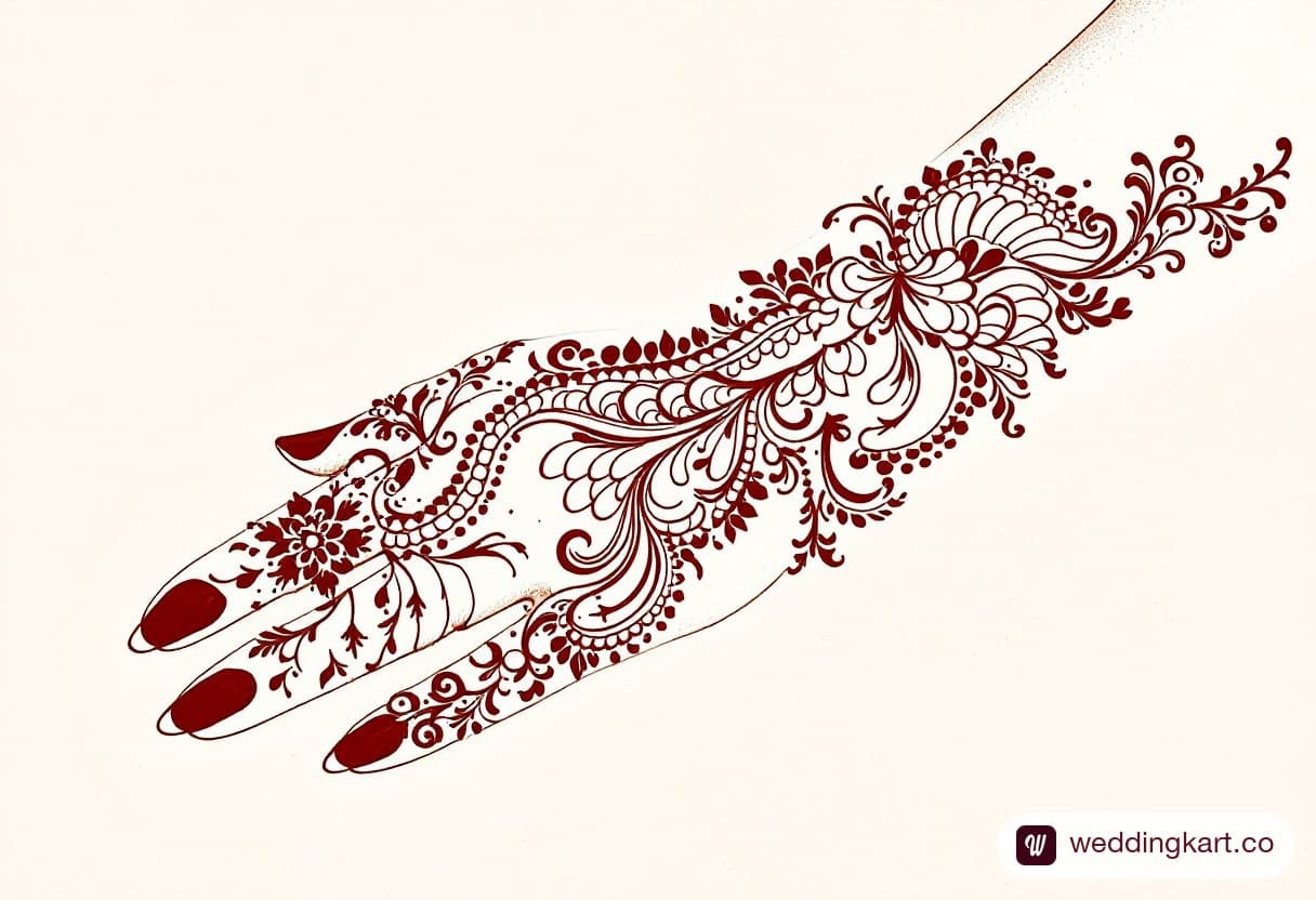 Royal back hand mehndi design: layered paisleys, dome arches and pearl-dot edging from fingers to wrist
