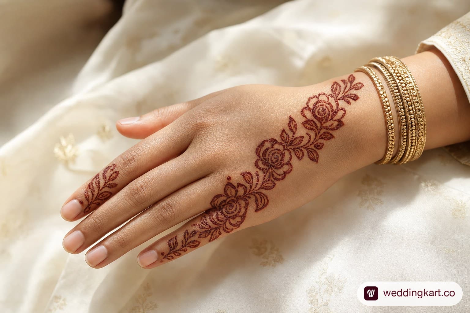 Back hand mehndi design on a hand: diagonal vine of roses from little finger to wrist in deep reddish-brown henna, with gold bangles