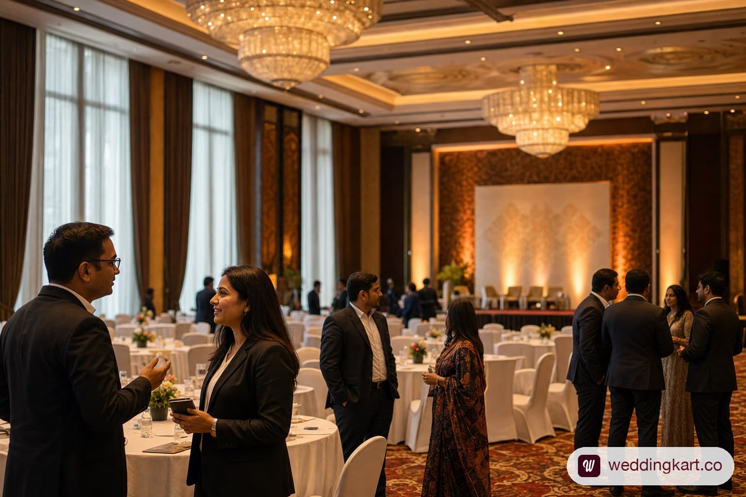 Wedding industry professionals networking in a five-star hotel ballroom set up for a convention, representing the ICWF networking floor