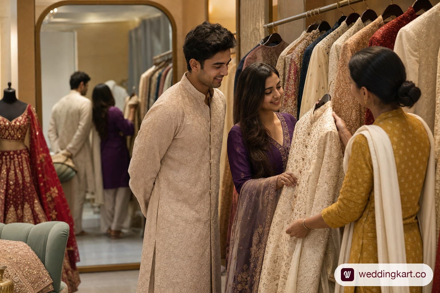 A couple browsing a rack of rented sherwanis and bridal lehengas inside an Ahmedabad rental store, with a fitting mirror and staff assisting