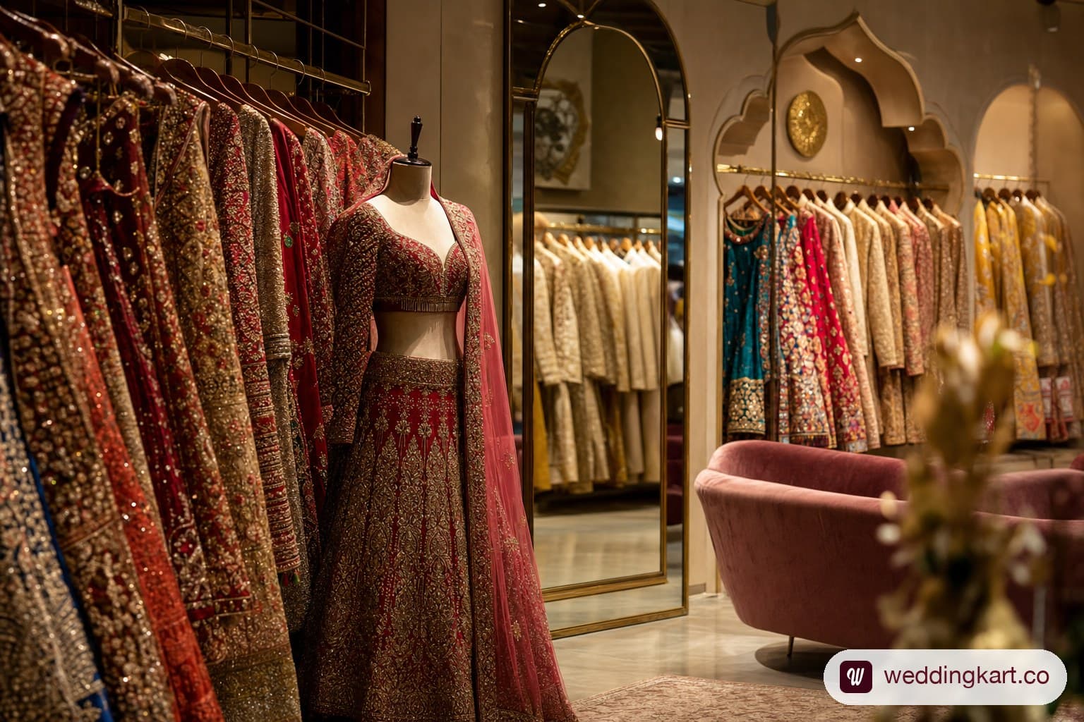 Interior of an Ahmedabad wedding outfit rental boutique with racks of embroidered bridal lehengas, sherwanis and chaniya cholis on display