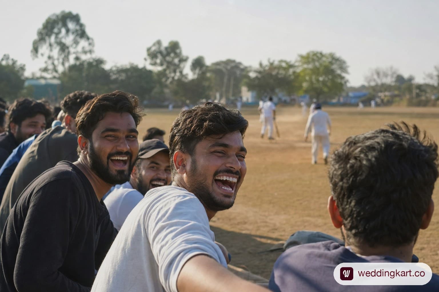 Friends playing cricket at a bachelor party.