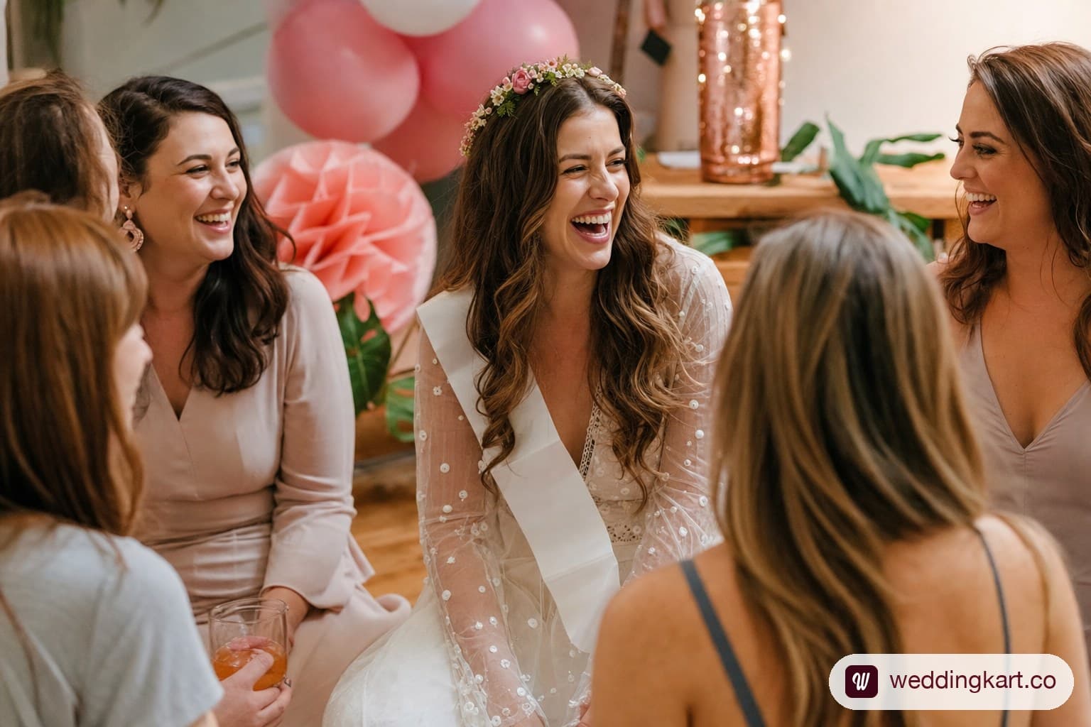 Bride-to-be celebrating at a bachelorette party with friends.