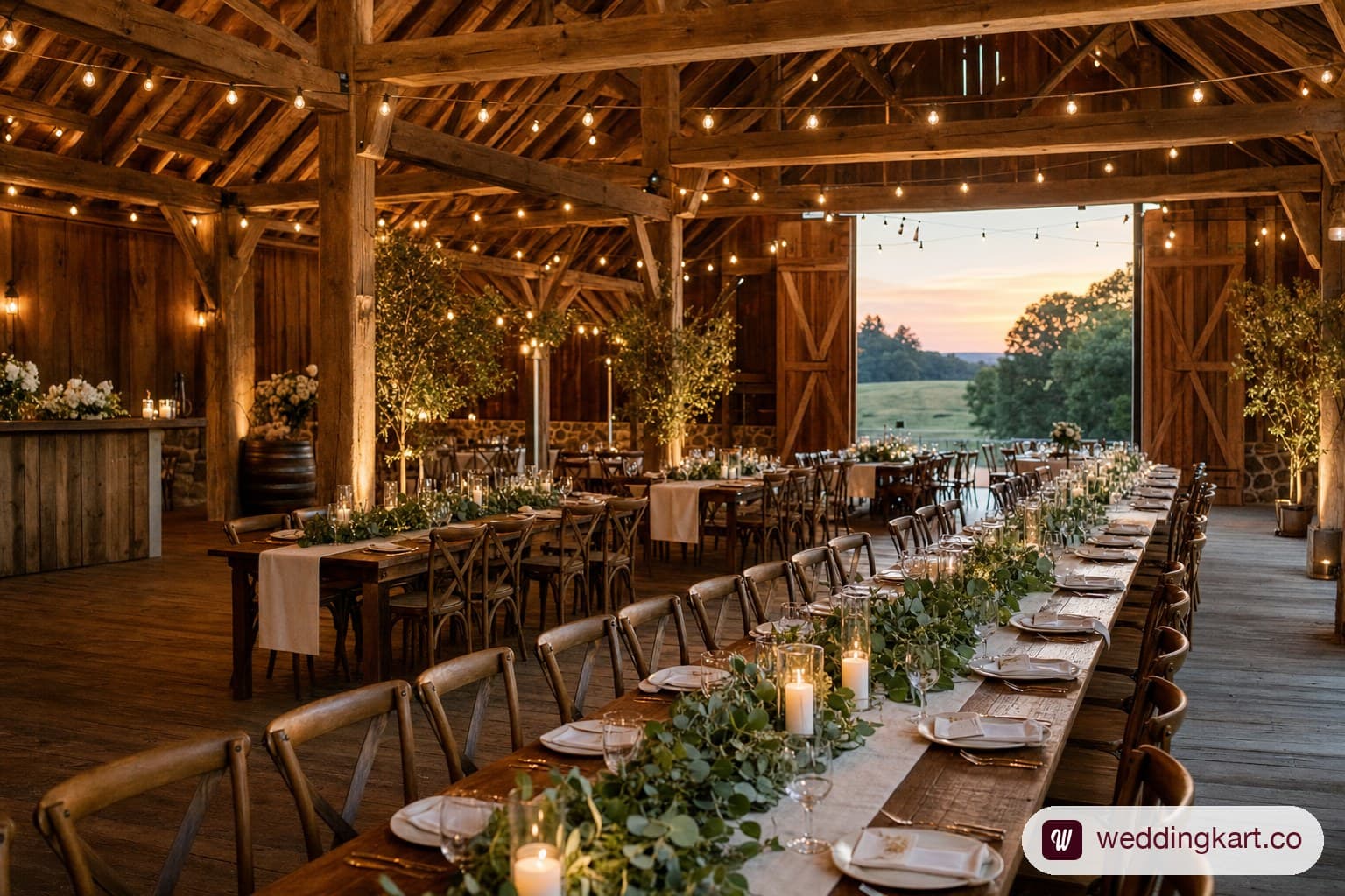 Rustic barn wedding reception with string lights, long wooden tables, and open doors overlooking rolling hills