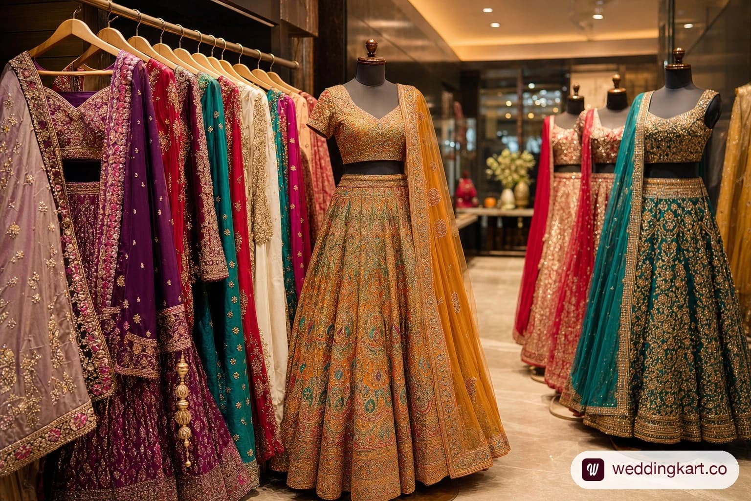 Interior of a chaniya choli boutique in Ahmedabad with displayed outfits on hangers