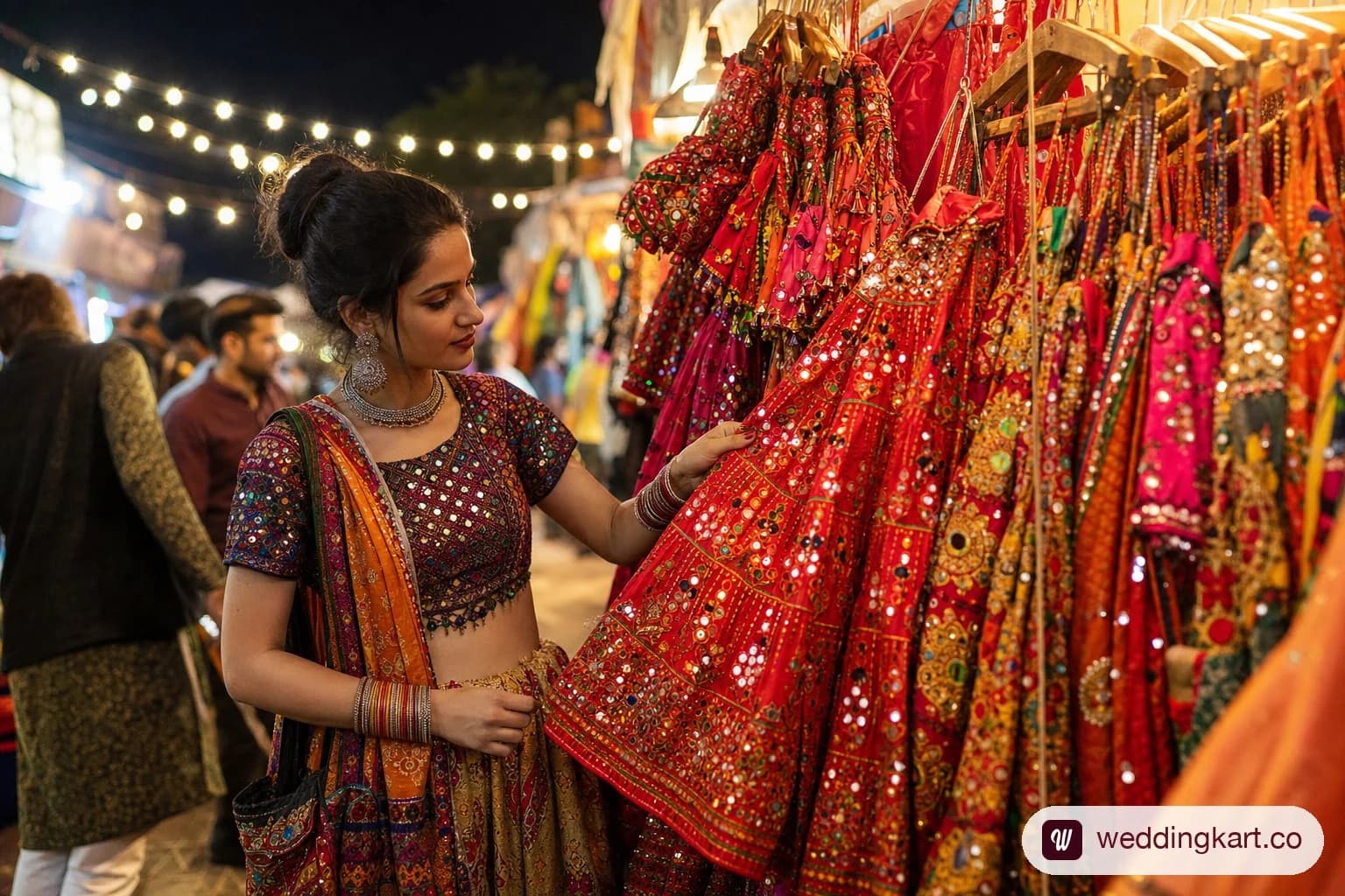 Colourful chaniya choli stalls at Law Garden night market Ahmedabad with fairy lights strung overhead
