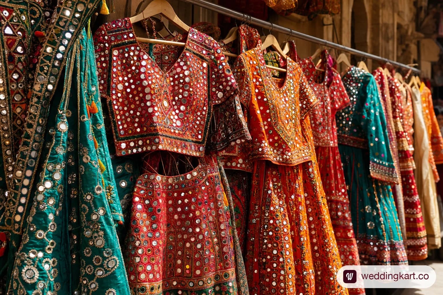 Display of vibrant mirror-work chaniya cholis for sale in Ahmedabad market