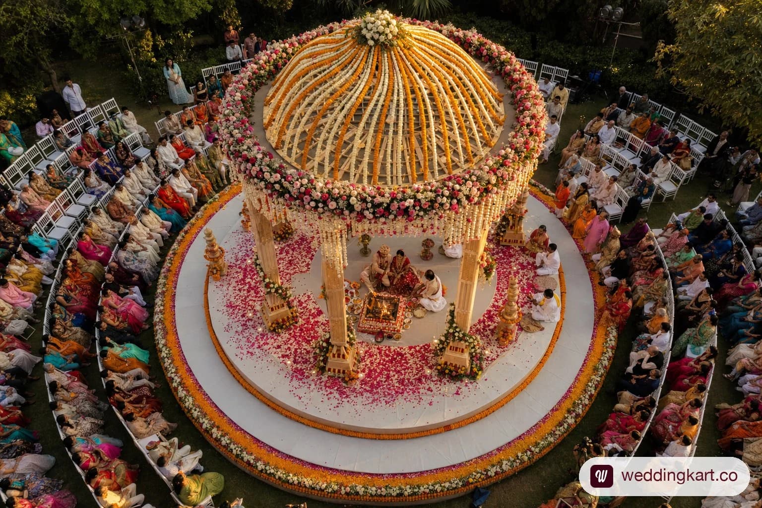 Aerial drone shot of an outdoor Indian wedding mandap setup in Ahmedabad