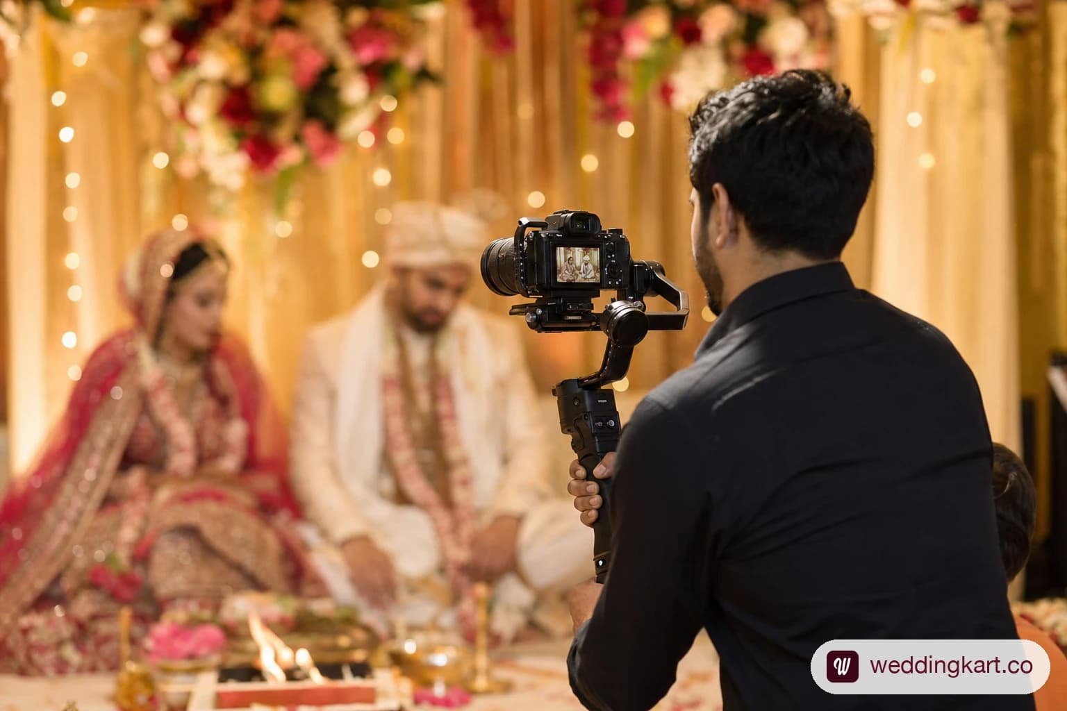 Professional wedding videographer filming an Indian wedding ceremony in Ahmedabad