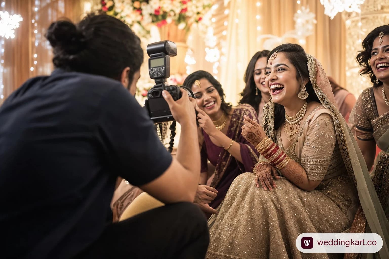 Wedding photographer crouched low capturing a candid moment at an Ahmedabad wedding