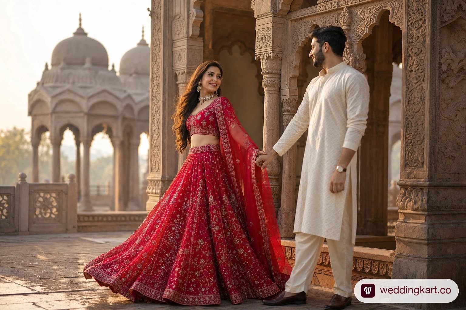 Couple during a pre-wedding photography session at an outdoor heritage location in Ahmedabad