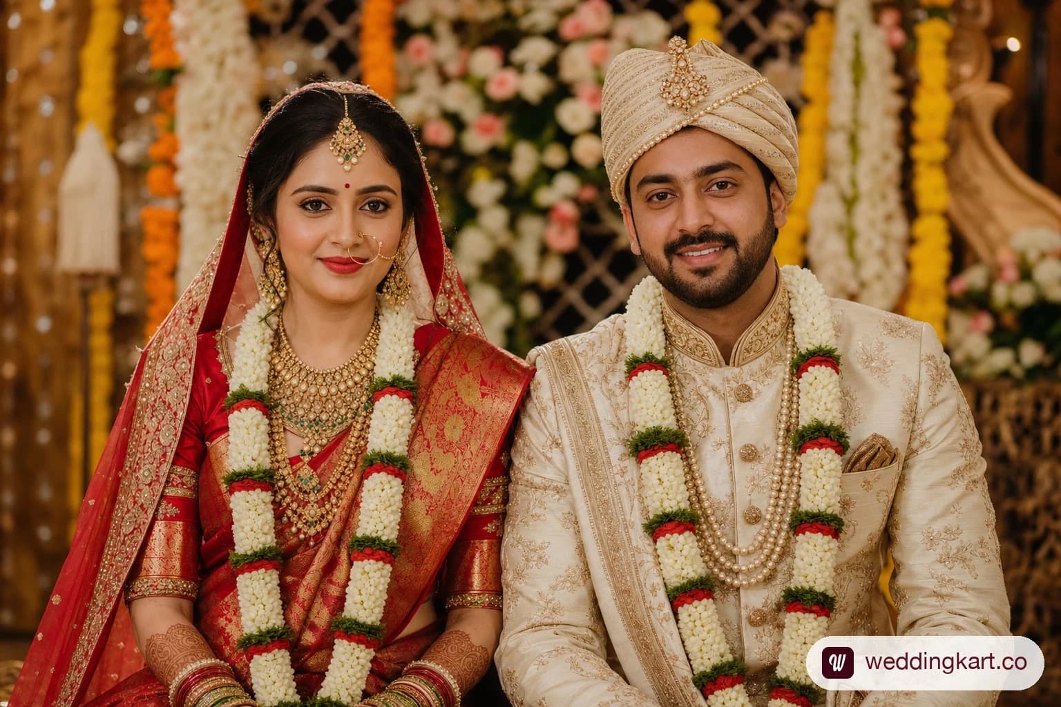 Traditional posed portrait of an Indian bride and groom at an Ahmedabad wedding