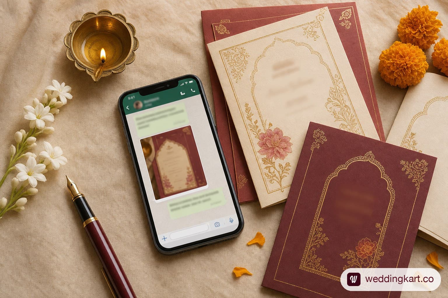 Flat-lay of a phone showing a WhatsApp wedding invite beside printed Indian invitation cards