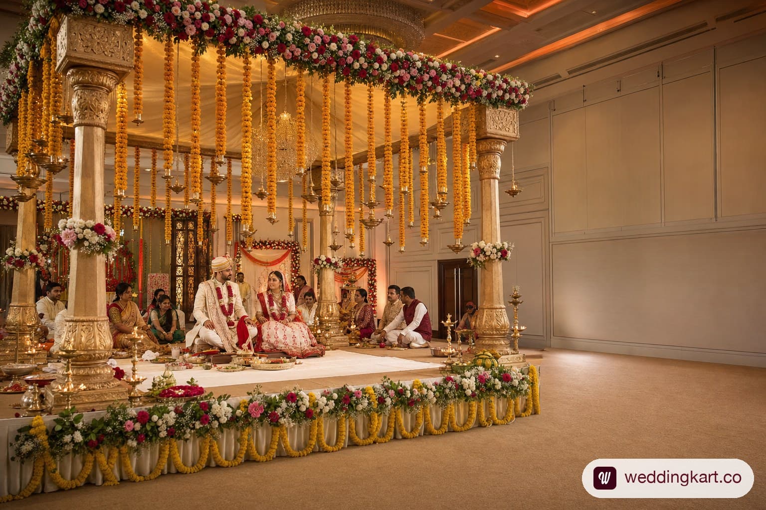 A stunning, grand Gujarati wedding mandap decorated with marigold flowers, rose garlands, and hanging brass diyas, with the groom in a cream sherwani and the bride in a white-and-red Panetar saree seated in the centre of a large decorated hall with warm golden lighting