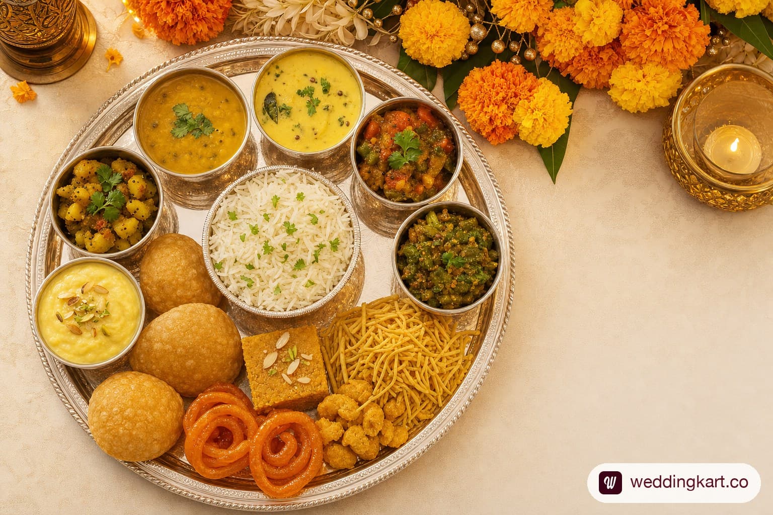 A beautifully presented traditional Gujarati wedding thali on a silver plate with small bowls of dal, kadhi, three vegetable sabzis, rice, puri, mohanthal, jalebi, shrikhand, and fresh farsan, set in a decorated wedding hall with marigold centrepieces