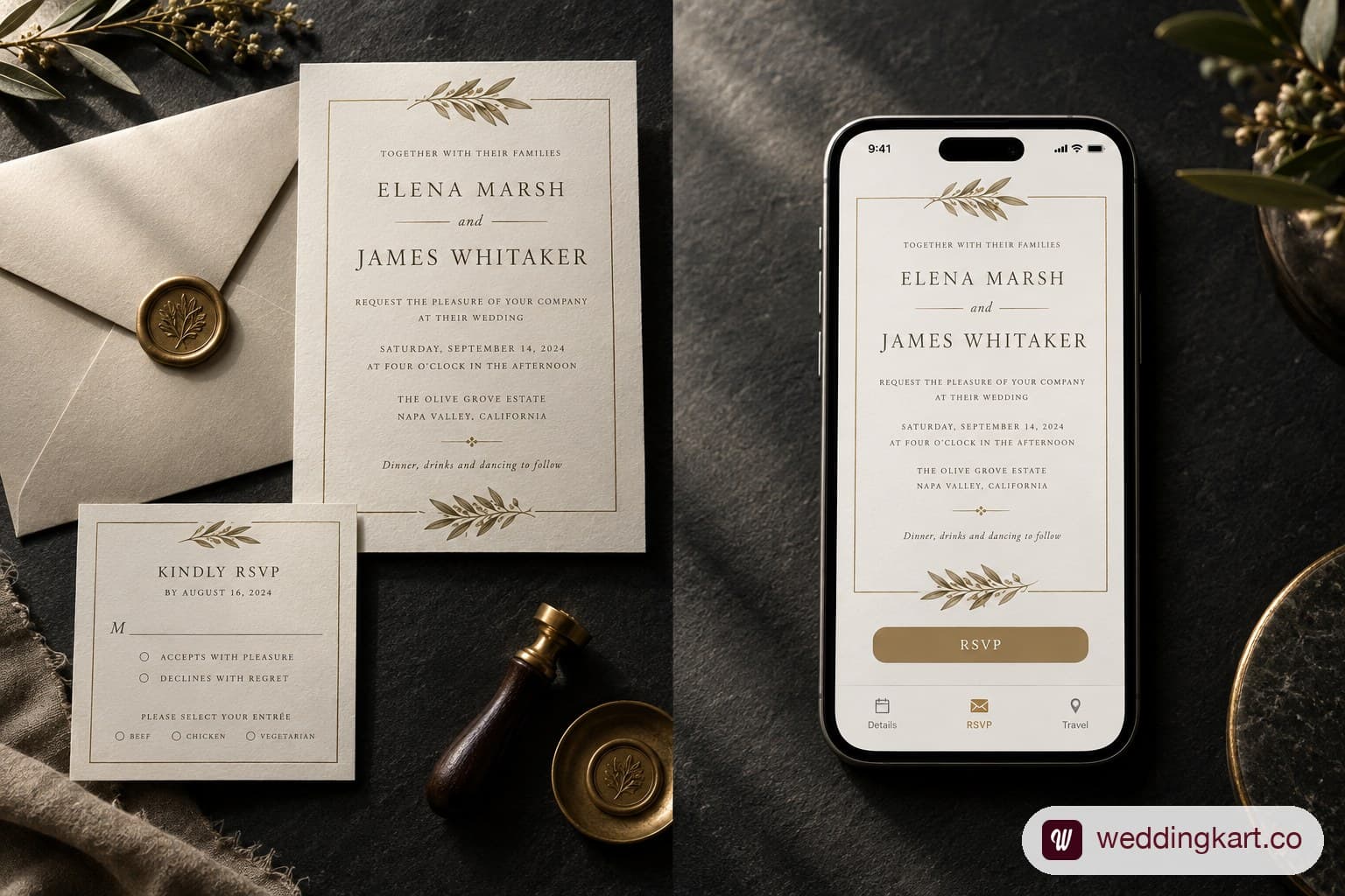Printed wedding invitation suite beside the same design displayed digitally on a phone.