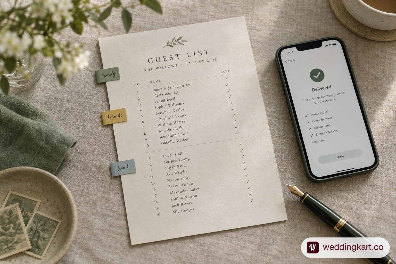 Printed guest list with marked rows beside a phone showing invitation delivery status.