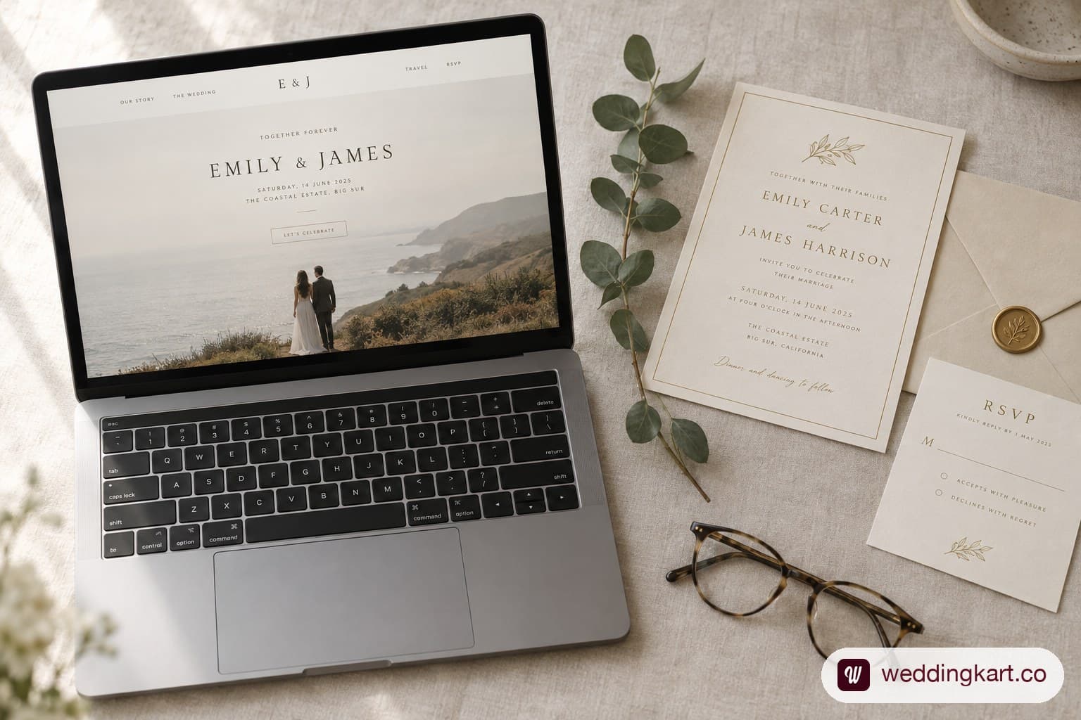 Laptop showing a wedding website next to a printed invitation suite on a linen surface.