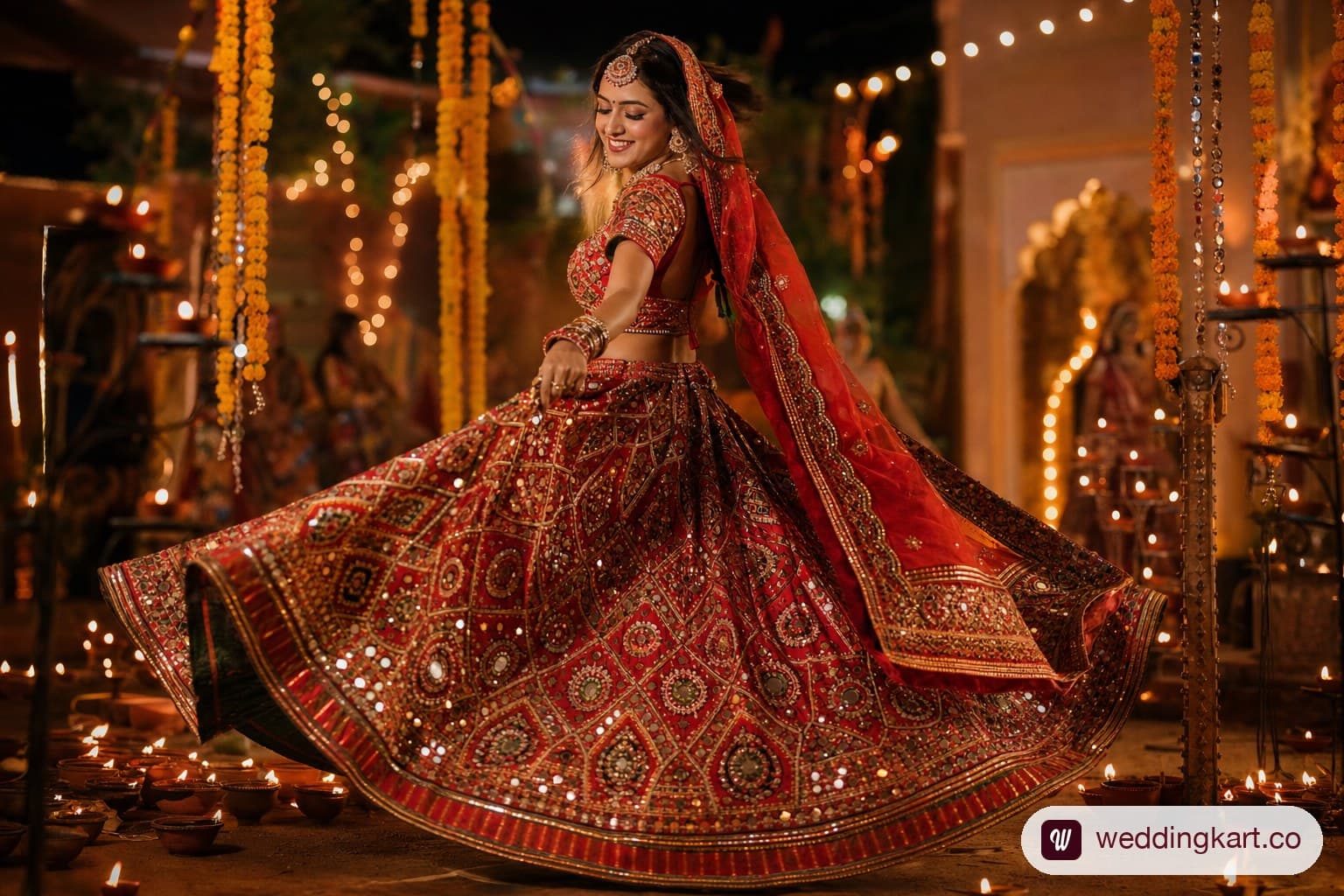 Gujarati bride in bridal chaniya choli with red and gold Kutchi mirror work and zardozi embroidery, twirling at Garba night against a background of diyas and marigolds