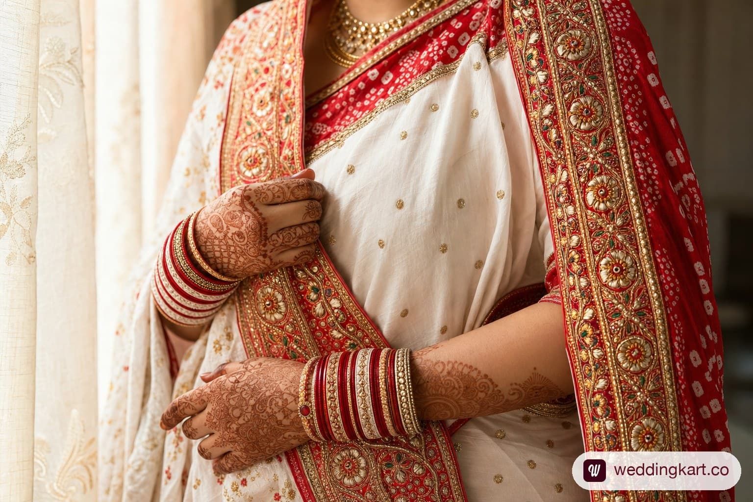 Close-up of a traditional Gujarati Panetar saree draped in seedha pallu style — the pallav falling in front over the left shoulder with red-and-white choodla bangles and henna visible
