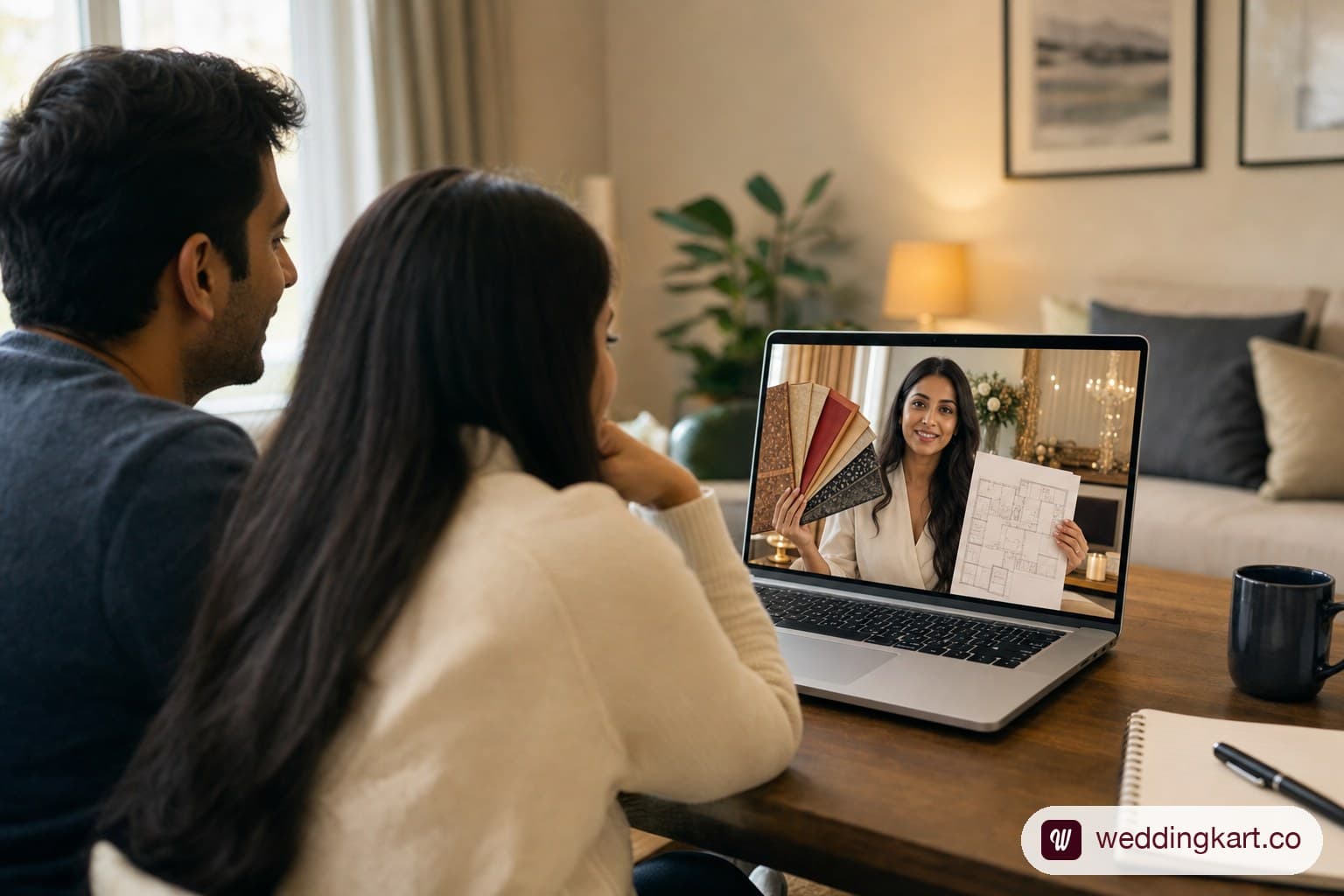 An NRI couple on a video call at their laptop with an Indian wedding planner who is holding up fabric swatches and a venue floor plan to the camera