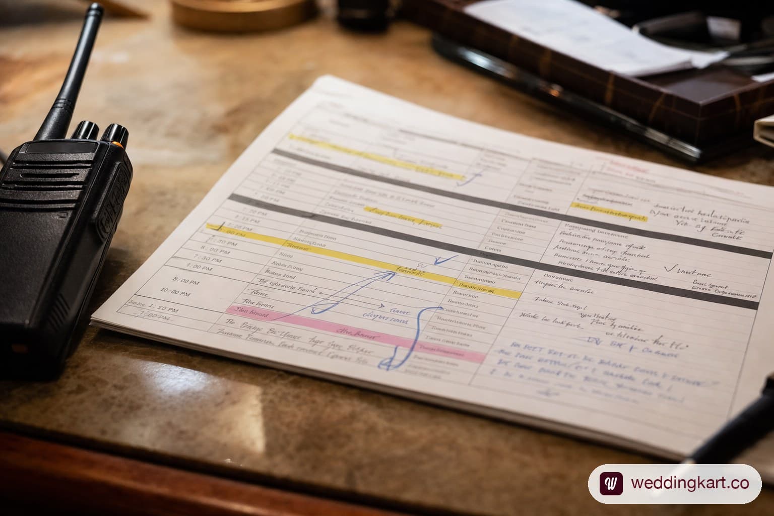 Run-of-show document annotated for hotel wedding coordination.