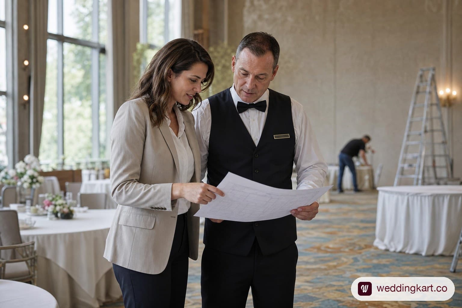 Hotel liaison reviewing venue setup with the banquet captain.