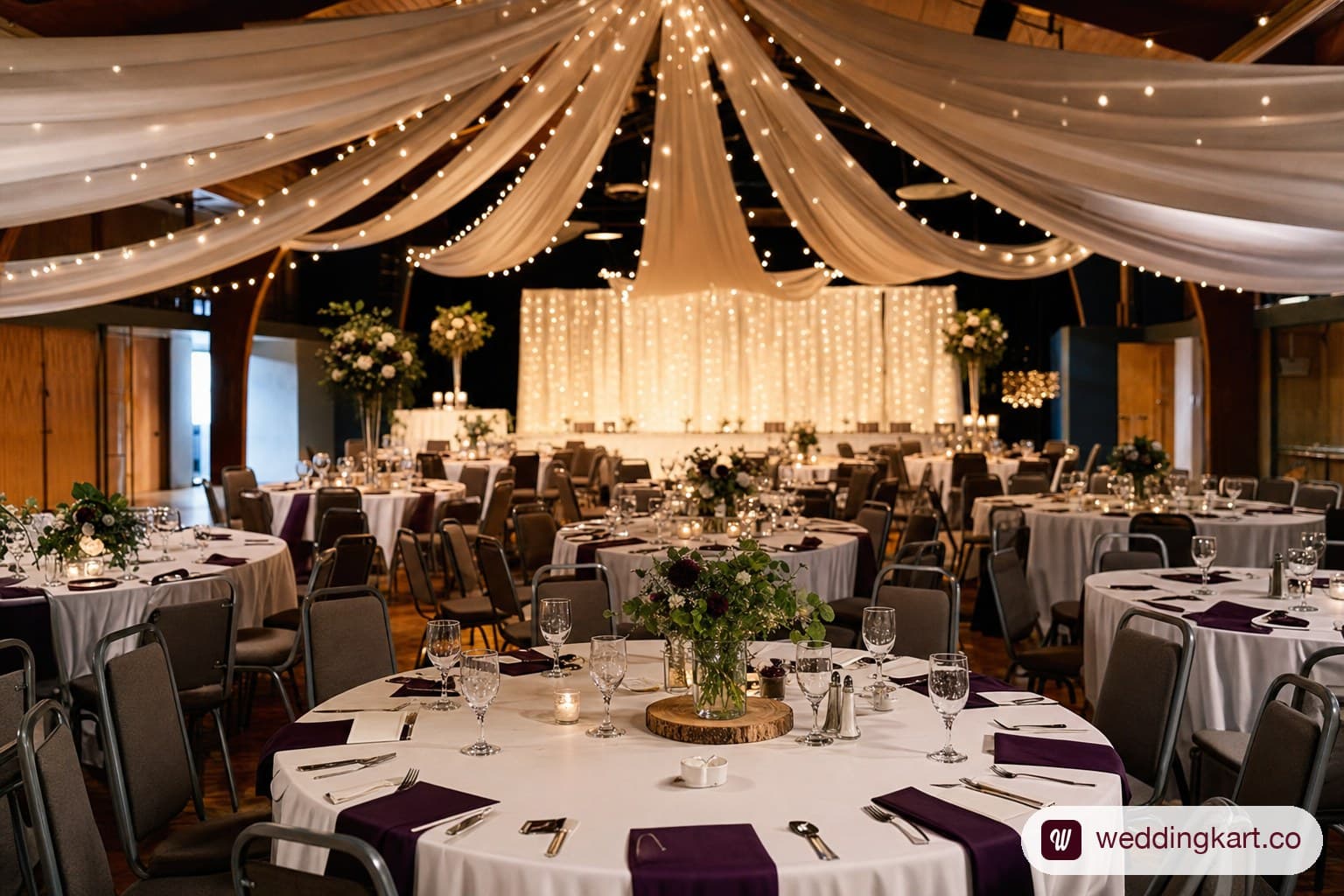Community hall elegantly decorated for a budget Indian wedding.