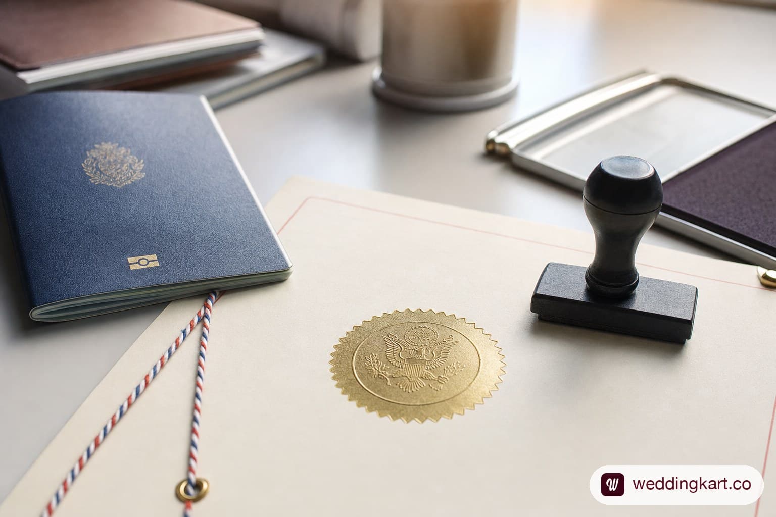 An official document with an embossed seal and stamp beside a passport