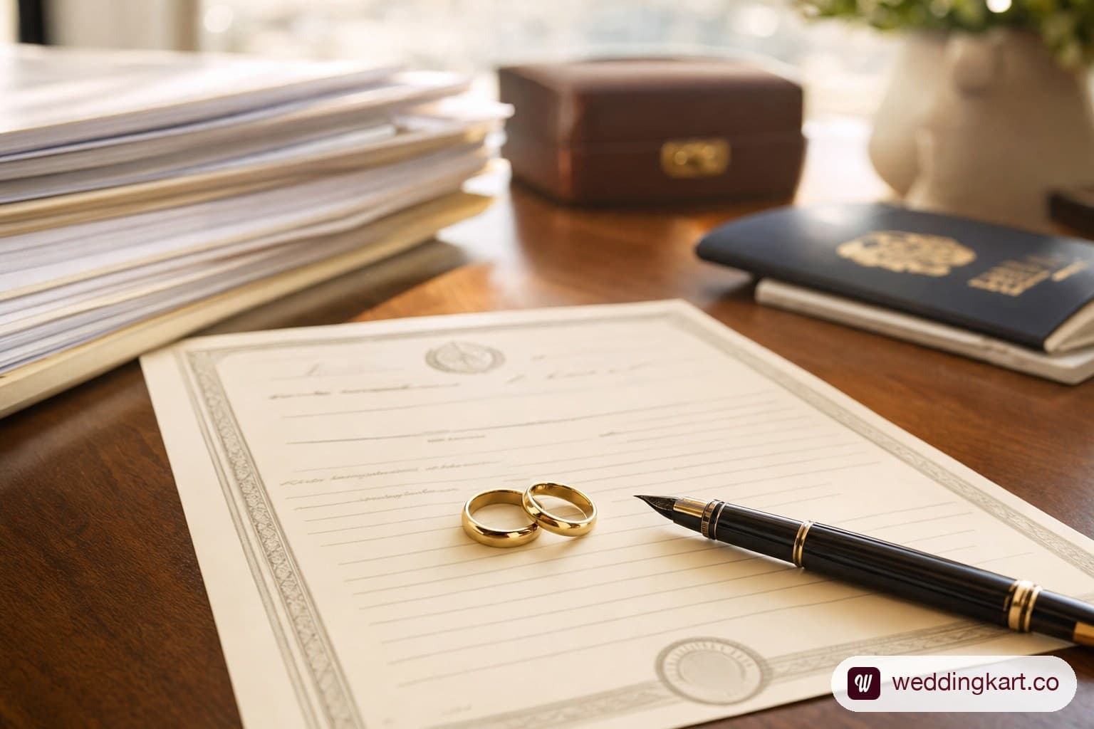 A marriage certificate, wedding rings and a passport on a desk