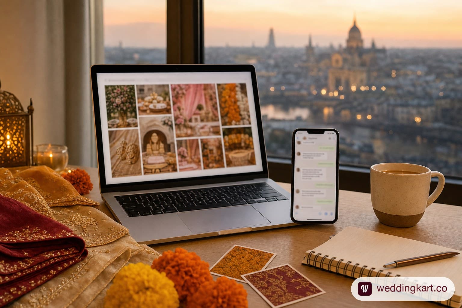 Planning an Indian wedding remotely: a laptop mood-board, phone and decor swatches