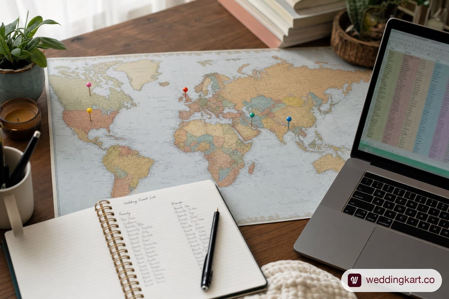 A flat-lay world map poster marking family locations across the US, UK, UAE, Canada and India next to a notebook and laptop showing an NRI wedding guest list spreadsheet